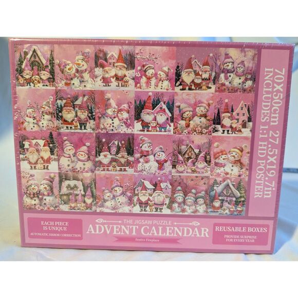 Christmas Advent Calendar Puzzle Snowman Santa Gnome Pink Holiday Countdown - Picture 1 of 4